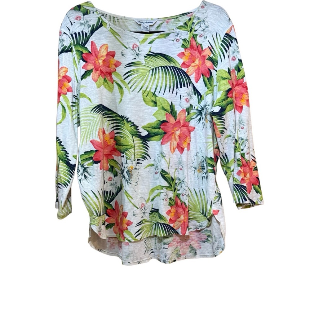 Tommy Bahama Tropical Floral Top XL White Cotton 3/4 Sleeve Hawaiian